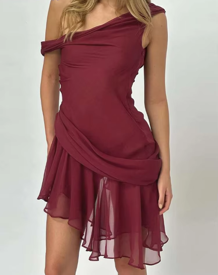Inclined Shoulder Dress Woman Summer Sexy Patchwork Ruffles Irregular Hem Solid Tierred Drawstring Skinny Bodycon