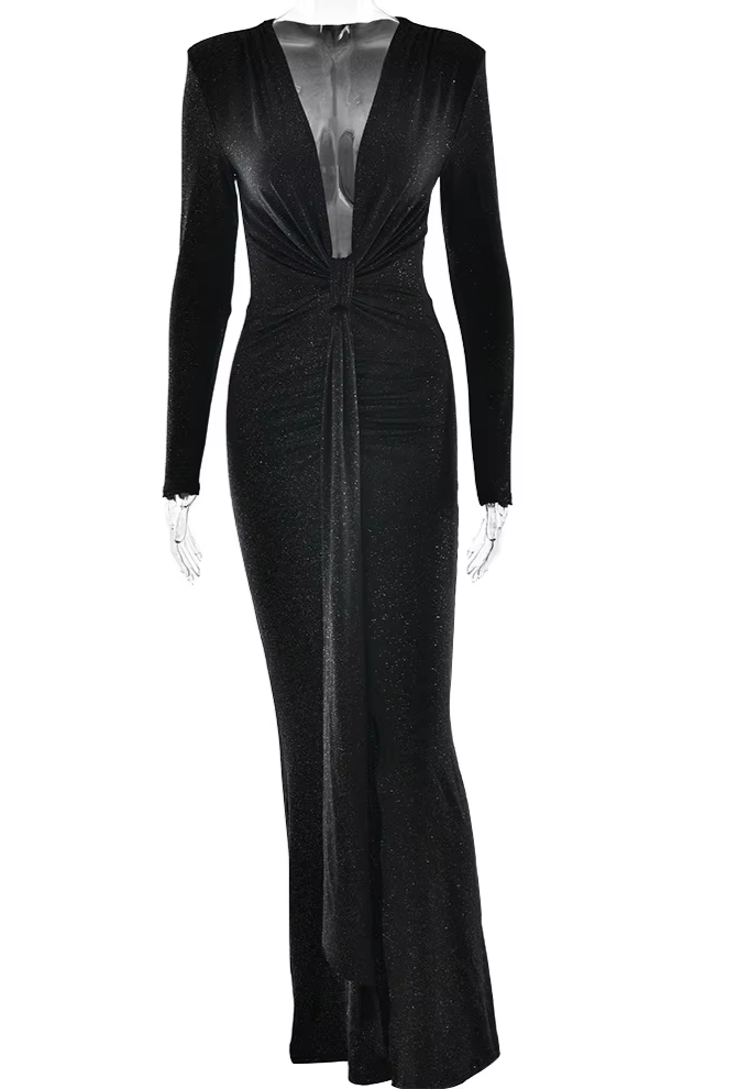 Glitter Black Deep V Neck Long Dresses Elegant Birthday Dress Evening Gowns for Women Elegant Winter 2024