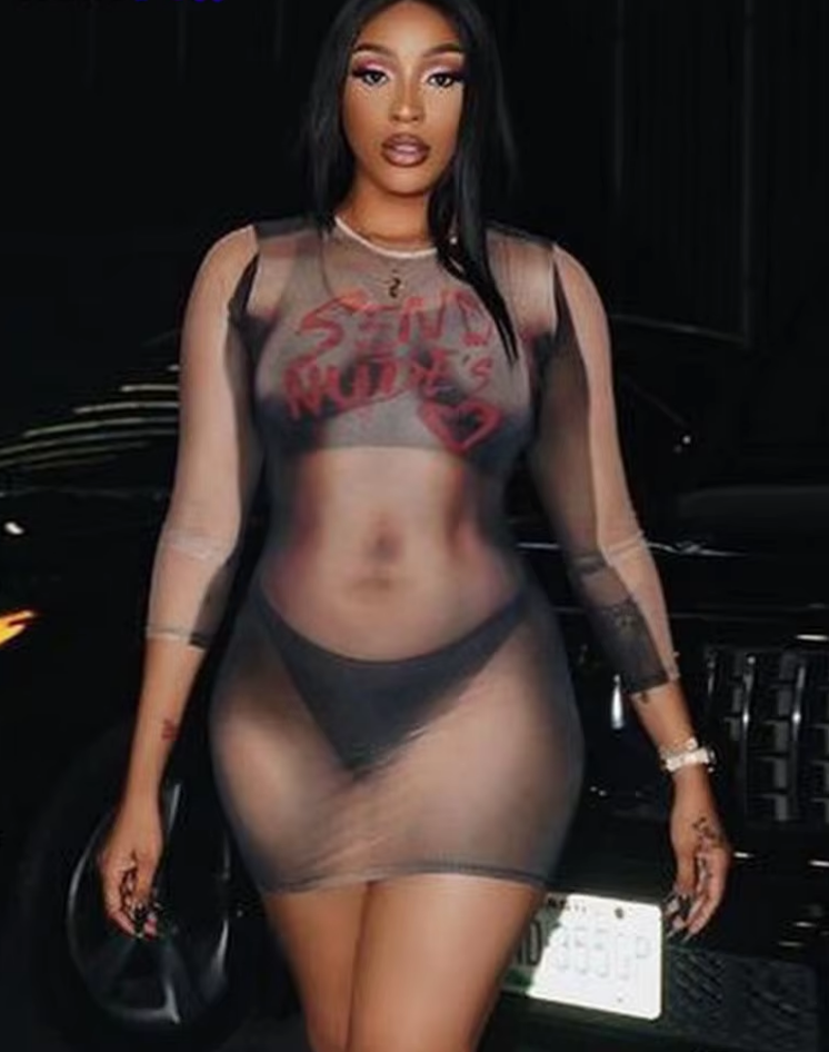 Sexy Letter Print Women Dress See Through Thin Long Sleeve o-Neck Hipster Skinny Slim Midnight Clubwear Mini Bodycon