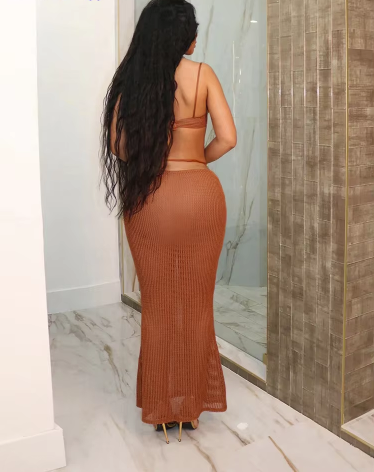 Knit Sexy Women 2 Piece Set Summer Trend Metal Chain Camisole+Bandage Long Skirts Vacation Matching Midnight Clubwear