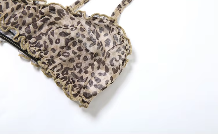 See Through Women 2 Piece Set Sexy Leopard Print Summer Ruffles Camisole+Shorts Vacation Matching Clubwear Outfits