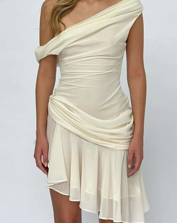 Inclined Shoulder Dress Woman Summer Sexy Patchwork Ruffles Irregular Hem Solid Tierred Drawstring Skinny Bodycon