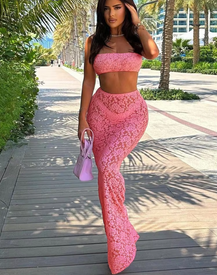 See Through 2 Piece Sets Woman Summer Sexy Strapless Crop Tops+Long Skirts Party Clubwear Skinny Lace Matching Outfits