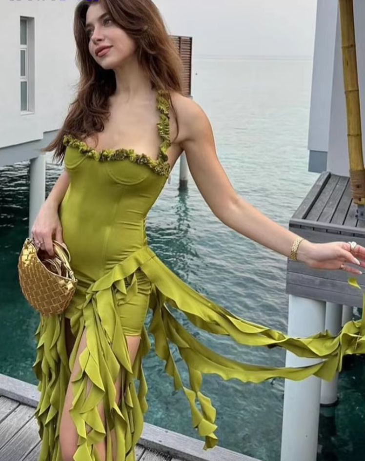 Halter Party Dress Women Backless Chic Irregular Tassel Hem Summer Sexy Birthday Party Split Midnight Club Bodycon