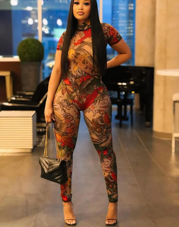 Serpentine Jumpsuit Women See Through Backless Short Sleeve Sexy Fit Summer Workout Overalls Stretch Button Clubwear