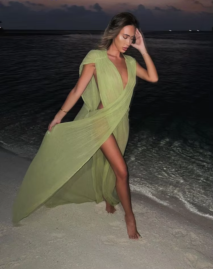 See Through Dress Woman Summer Sexy Cross Splits Sleeveless Solid Chic Fashion Ruffles Swimsuit Beach Loose Vestidos