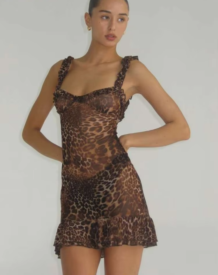 Leopard Print Dress Women See Through Lace V-Neck Sexy Sleeveless Skinny Summer Fashion Chic Ruffle Hem Mini Bodycon