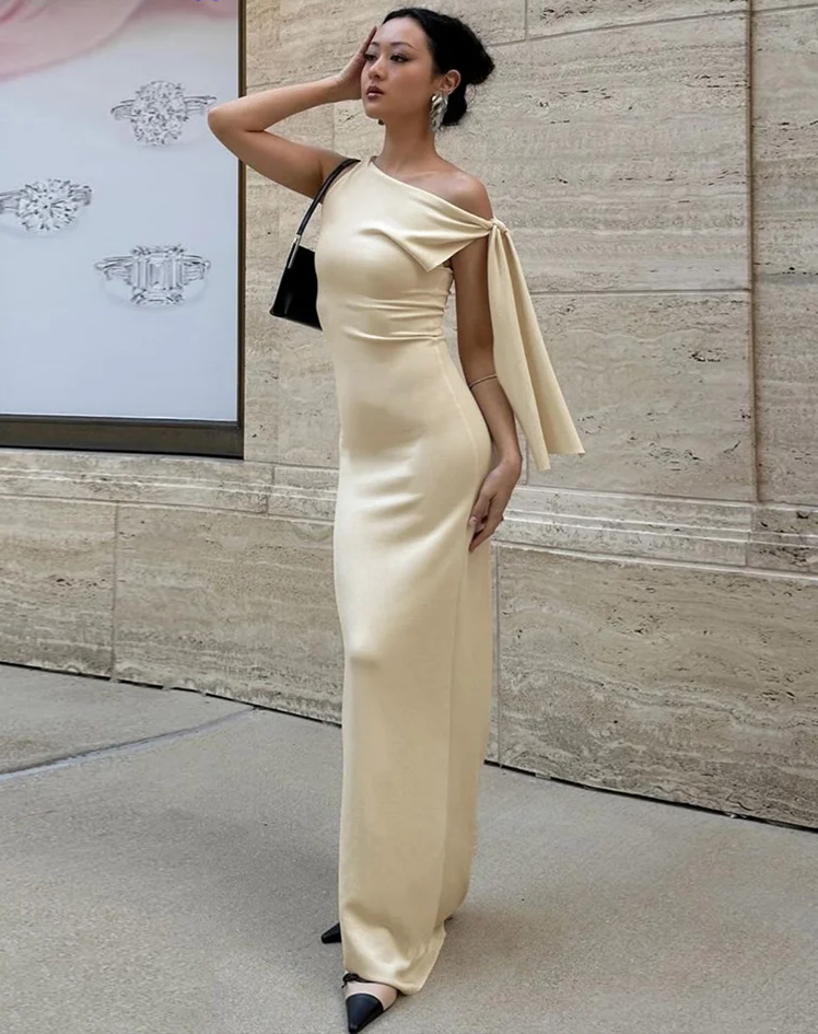 Knot Bandage Dress Woman Summer Sexy Solid Elegant One-Shoulder Sleeveless Bodyshape Simple Party Skinny Vestidos