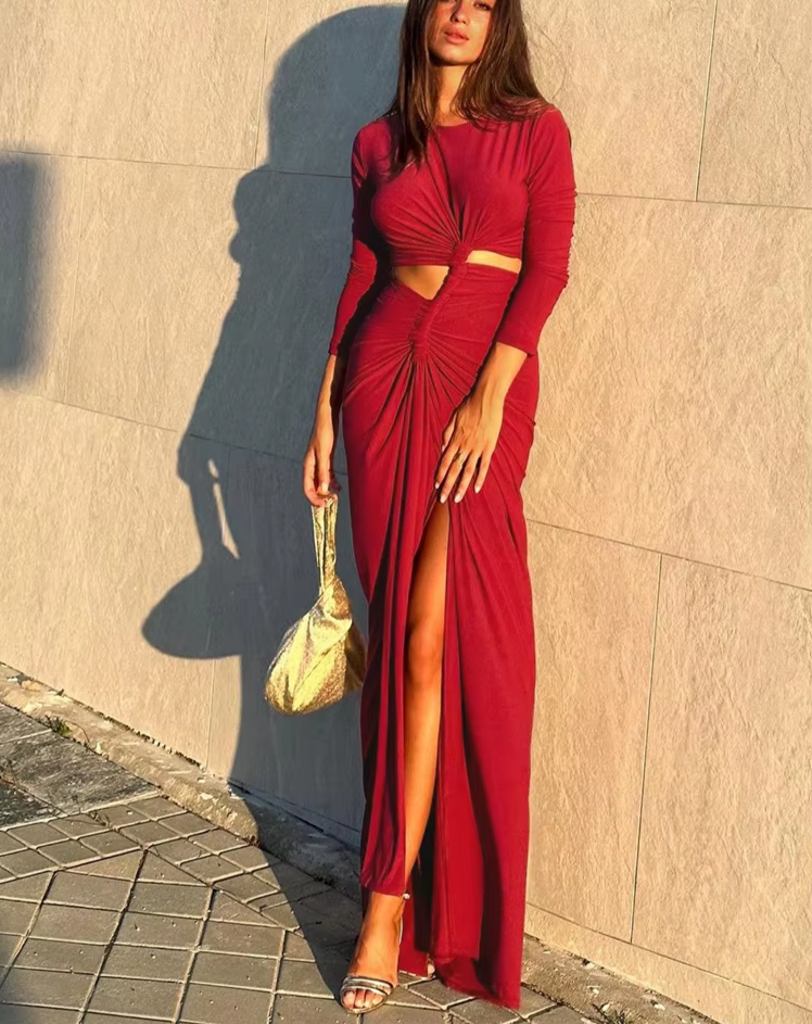 Irregular Hollow Dress Women Pleats Bandage Patchwork Full Sleeve Autumn Street Trend Stretch Sexy Slits Long Bodycon