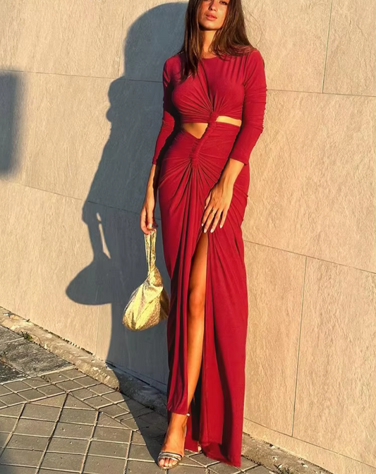 Irregular Hollow Dress Women Pleats Bandage Patchwork Full Sleeve Autumn Street Trend Stretch Sexy Slits Long Bodycon