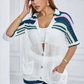 See Through 2 Piece Sets Woman Summer Casual Lapel Pockets Short Sleeve Tops+Contrast Shorts Knitted Matching Outfits