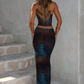 Gradient Print Women 2 Piece Set Summer Stretch Elegant Strapless Tops+Long Skirts Stretch Matching Clubwear Outfits