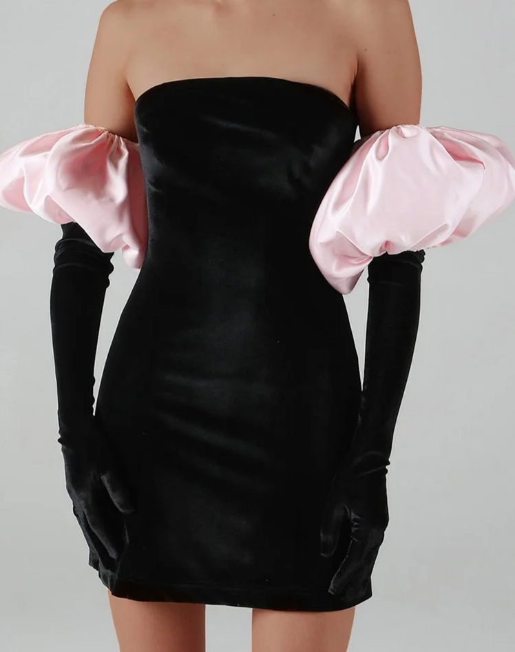 Women Strapless Velvet Dress Elastic Bodycon With  Clouds Gloves Birthday Vacation Party French Romantics Streetwear