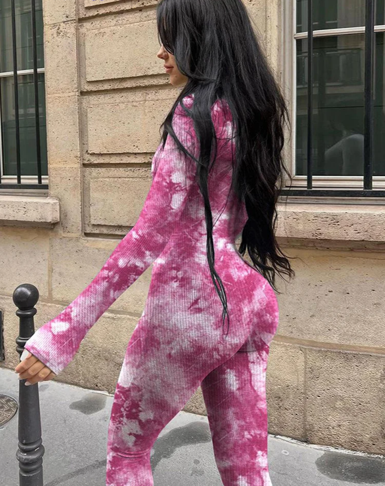 Ribbed Tie-dye Jumpsuit Women Autumn Irregular Print Sporty O-neck Full Sleeve Daily Skinny Casual Trend Streetwear