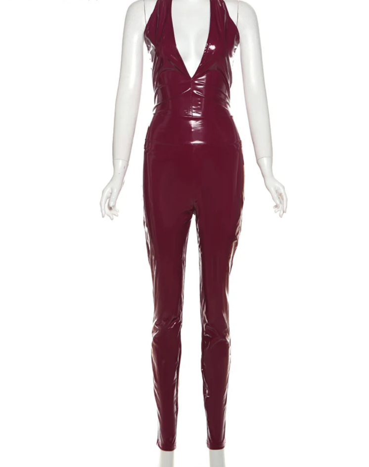 Faux Leather Sex  Set Women  Low-Neck Halter Sleeveless Bodysuit+Zipper Waist2 Piece Stretch Pant Clubwear Trend Suit