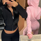 Casual Sporty 2 Piece Set Women Tracksuit Knit Hooded Zip Jacket+Straight Pants Sporty Stretch Matching Streetwear