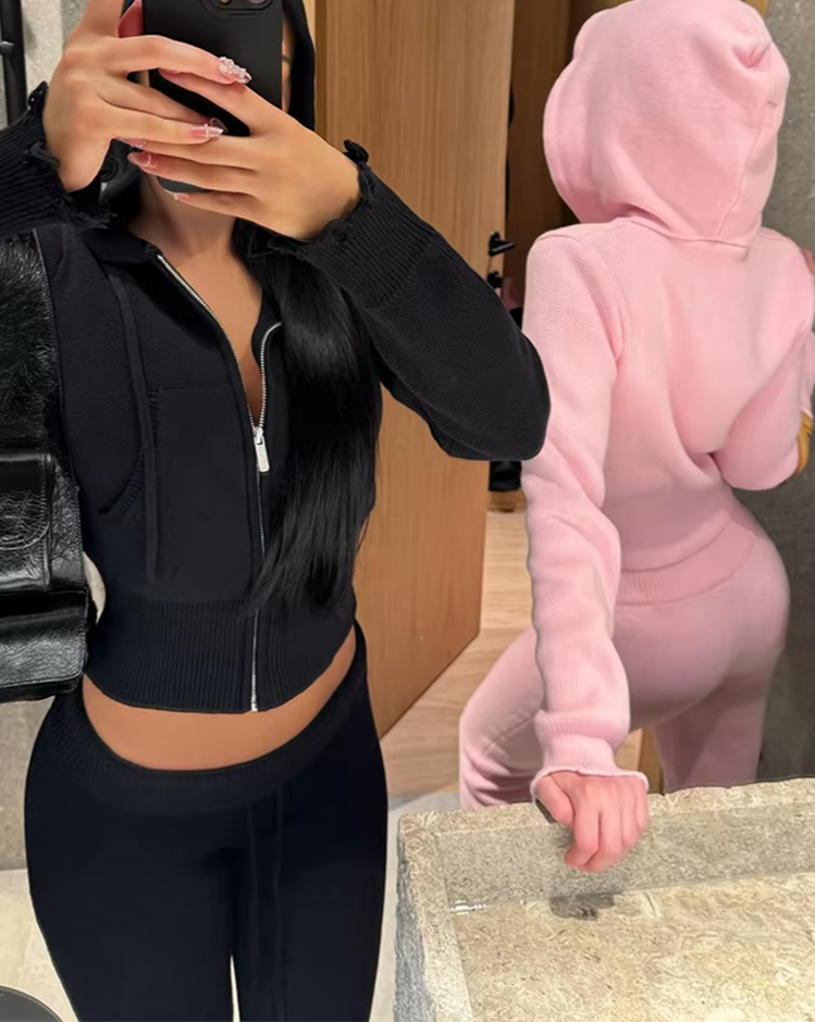 Casual Sporty 2 Piece Set Women Tracksuit Knit Hooded Zip Jacket+Straight Pants Sporty Stretch Matching Streetwear