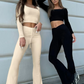 Solid Casual Women 2 Piece Set Autumn Trend Square Collar Long Sleeve Crop Tops+Drawstring Waist Pants Simple Suit