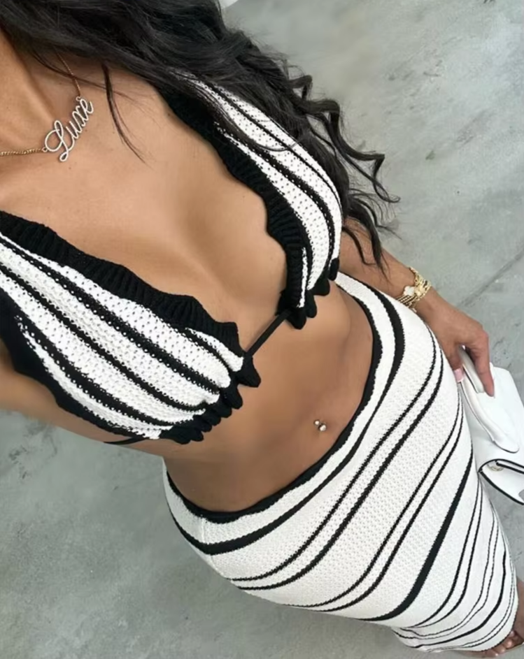 Crochet Stripe Women 2 Piece Set Y2K Vacation Beach Style Lace Camisole+Long Skirts Elegant Matching Clubwear Outfits