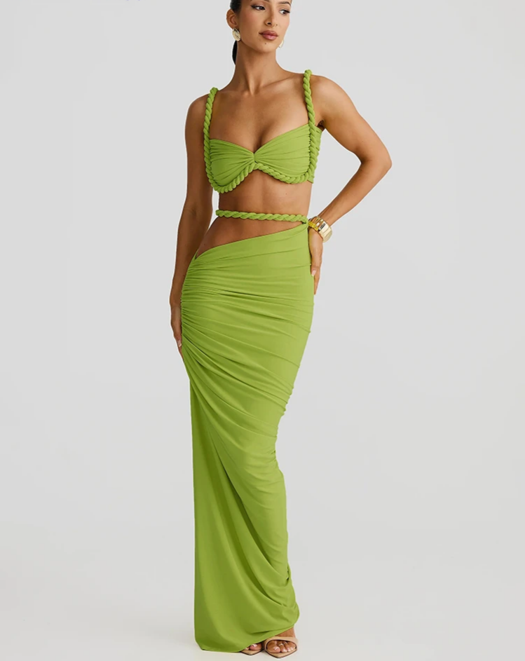 Plait 2 Piece Set Women Square Collar Folds Bandage Bow Bra+Skinny Long Skirts 2025 Summer Party Vacation Beach Suits