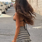 Stripe Print 2 Piece Set Halter Women Crochet Vacation Camisole+Peach Hip Ruffles Hem Skirts Matching Clubwear Suits