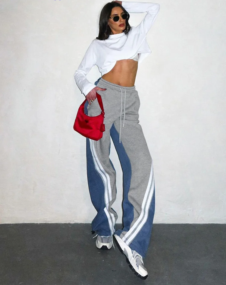 Panelled Stripes Pants Women 2024 Autumn Fashion Contrast Casual Sporty Simple Skinny Streetwear Straight Trousers