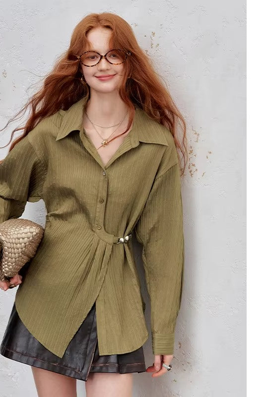 2025 Autumn New Arrival Minimalist Asymmetrical Design Solid Full Sleeve Shirt For Woman
