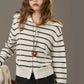 2025 Autumn New Arrivals Casual Classic Soft Navy Collar Silver Zipper Striped Knitted Cardigan For Woman