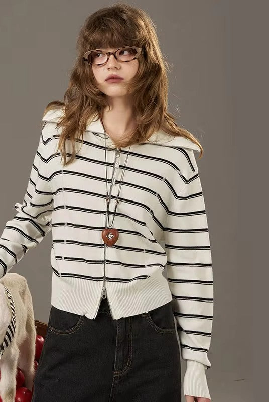 2025 Autumn New Arrivals Casual Classic Soft Navy Collar Silver Zipper Striped Knitted Cardigan For Woman