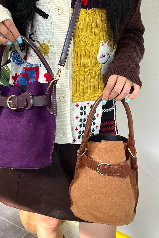 2025 Autumn New Arrivals Casual Edgy Style Suede Matte Finish Buckle Crossbody Bucket Bag For Woman