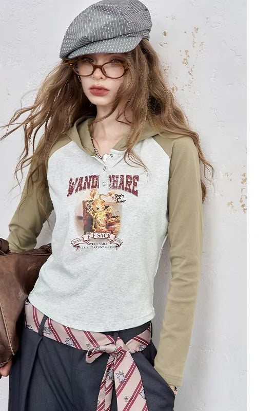 2025 Autumn New Arrivals Casual Print Hoodie Raglan Sleeve Color Block Long Sleeve Top For Women