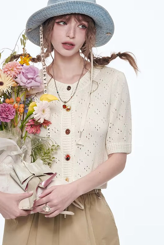 2025 Spring New Arrivals Dopamine Puff Sleeve Hollow Short Sleeve Knitted Cardigan Women Single Breasted Short Top