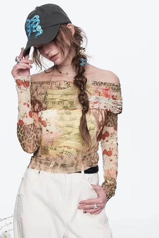 2025 Spring New Arrivals Y2K Off Shoulder Printed Mesh T-shirt Women Retro Elegant Long Sleeve Top