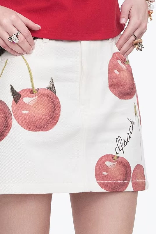2025 Spring New Arrivals Y2K Original Cherry Printed Denim Skirt Women's Cotton A-Line Mini Skirt(Gift belt)