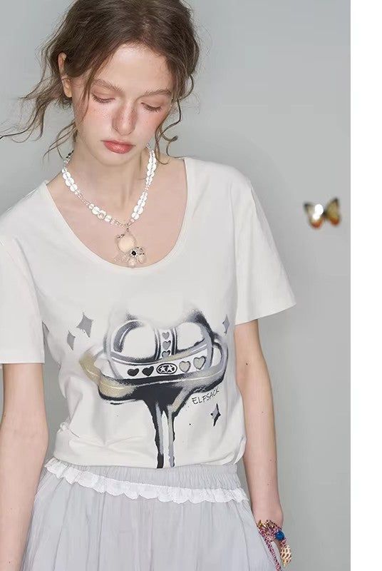 2025 Spring New Arrivals Y2K White Heart Printed Short Sleeve T-Shirt Women's Loose Casual Versatile Top
