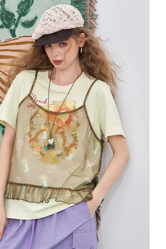 2025 Summer New Arrival Casual Cute design niche top Mesh halter print short sleeve two-piece t-shirt