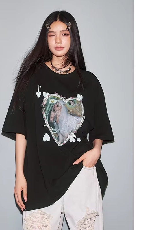 2025 Summer New Arrival Loose Casual Heart Print Short Sleeve T-Shirt For Women