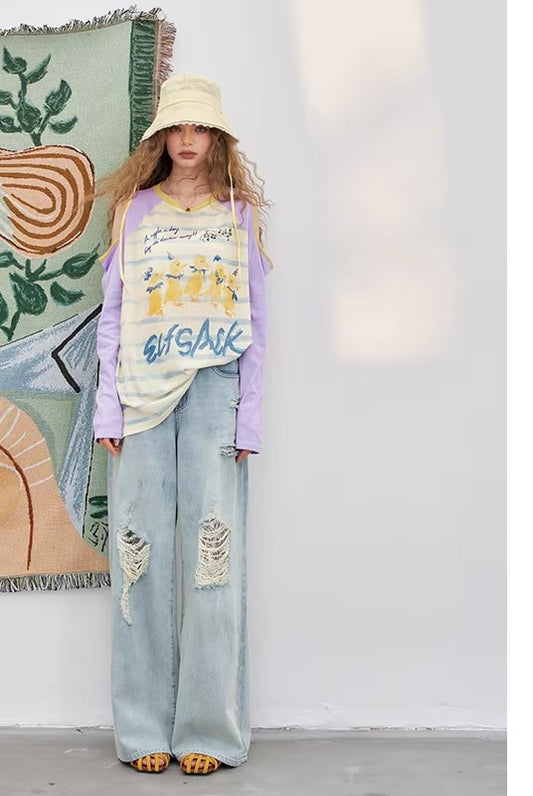 2025 Summer New Arrival loose niche colour Clashing strapless printed long sleeve t-shirt