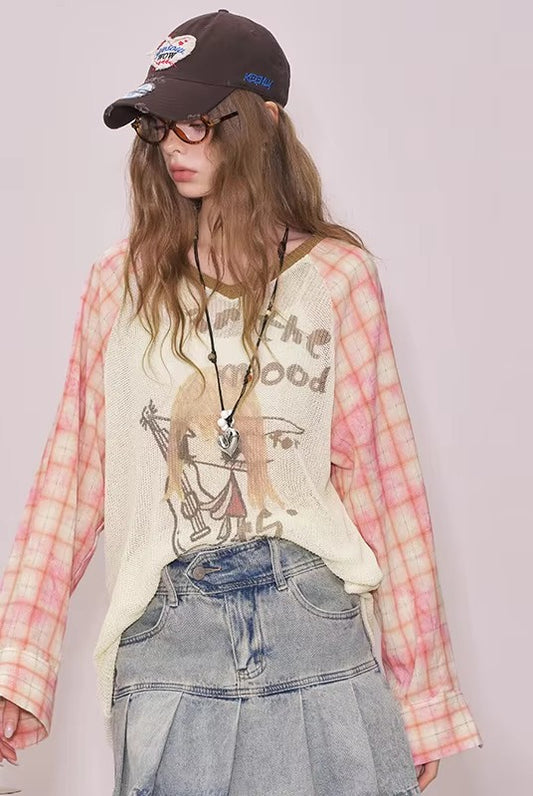 2025 Summer New Arrival Plaid Patchwork Print V-Neck Knit Top Lagenlook Lazy Style Designer Cover-Up For Woman