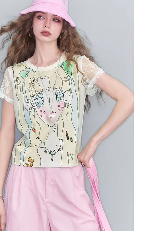 2025 Summer New Arrival Sweet Cool Y2K Lace Splicing Anime Print Short Sleeve T-Shirt For Women