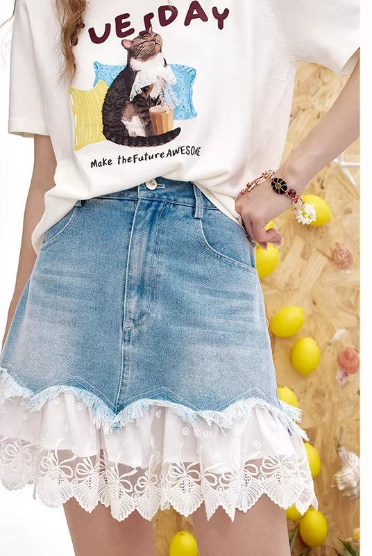 2025 Summer New Arrivals Lace And Lace Patchwork A-Line Denim Skirt For Women