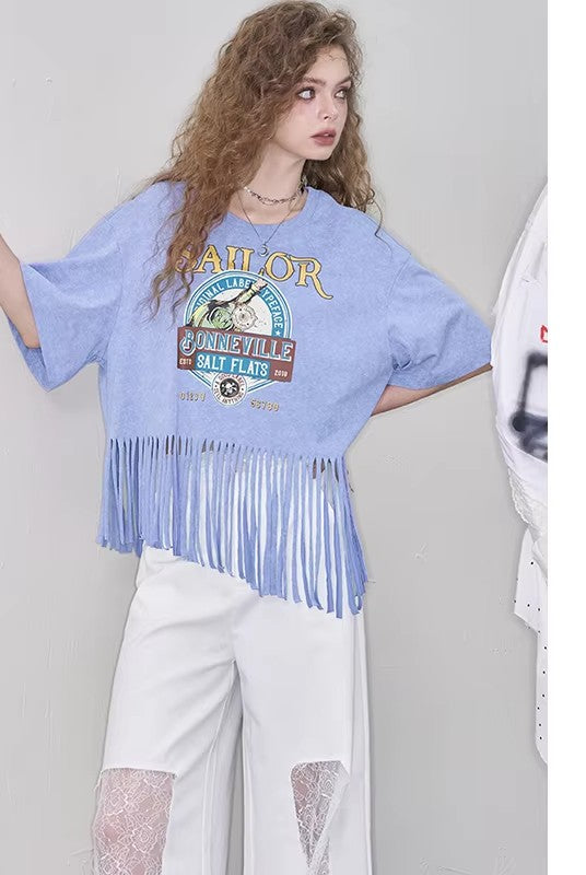 2025 Summer New Arrivals Women's Fringe Graphic Print T-Shirt Relaxed Fit Statement Tee
