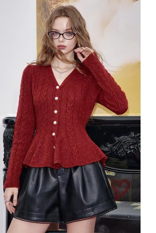 2025 Winter New Arrivals Multi Color Grey Butto-front Peplum Knit Sweater For Woman
