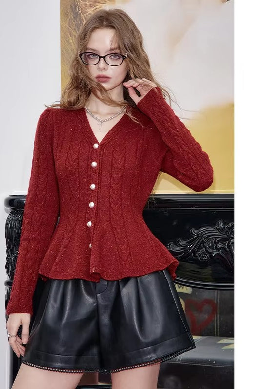 2025 Winter New Arrivals Multi Color Grey Butto-front Peplum Knit Sweater For Woman