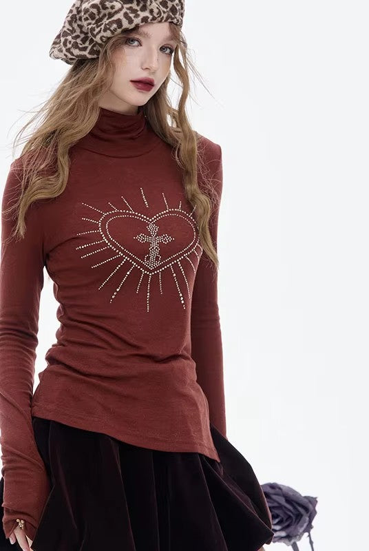 2025 Winter New Arrivals Y2K Slimming Heart Graphic High Neck Asymmetric Hem Long Sleeves Tshirt For Women