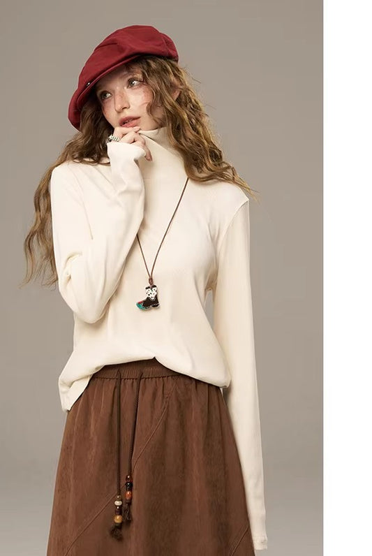 2025 Winter New Solid Color Turtleneck Sweater Women, Romantic Cottagecore Fitted Long Sleeve Wool Blend Pullover