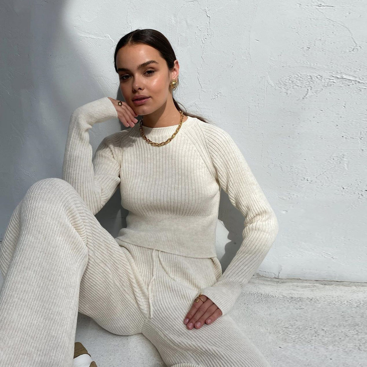 Knitted Sweater Long Sleeve Top and Pants Two Piece Set Women Autumn Winter Outfits Cozy Lounge Wear