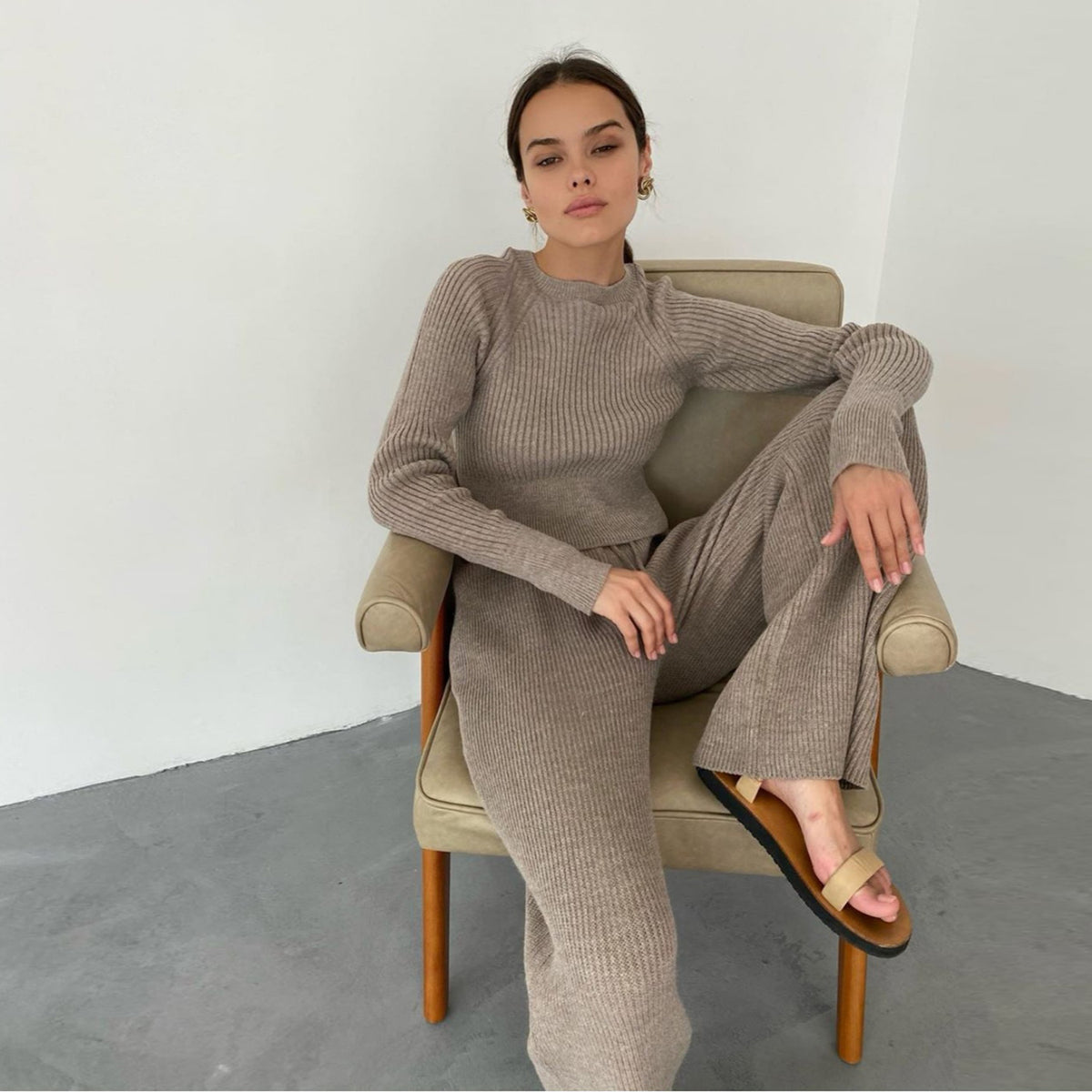 Knitted Sweater Long Sleeve Top and Pants Two Piece Set Women Autumn Winter Outfits Cozy Lounge Wear