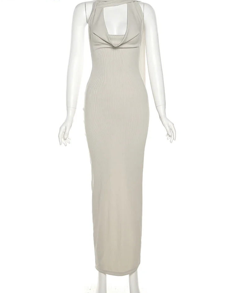 Swing Collar Women Dress With Scarf Hollow Back Split Backless Halter Skinny Formal Occasion Prom Bodycon Vestidos