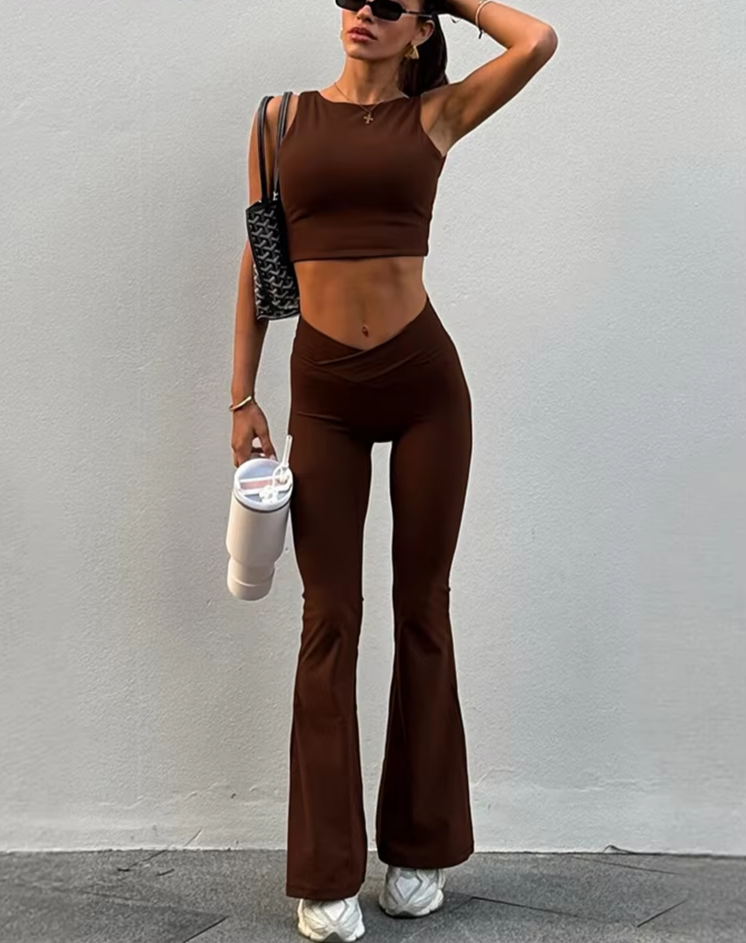 Elegant Casual 2 Piece Set Women o-Neck Sleeveless Waistless Crop Tops+Skinny Solid Straight Pants Simple Trend Suit